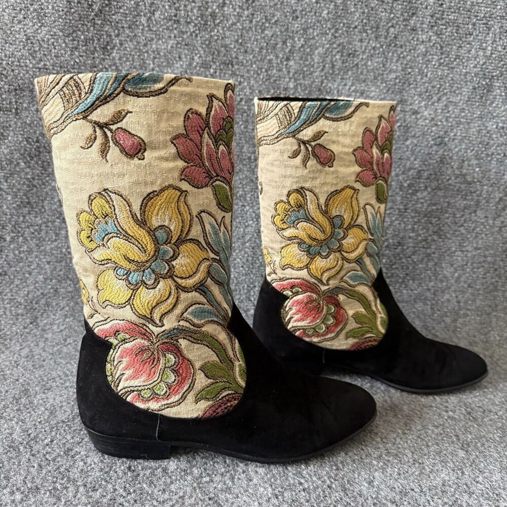 VTG 80s Andrea Carrano Tapestry Suede Floral Boho Mid Calf Boots Size 7.5A Italy